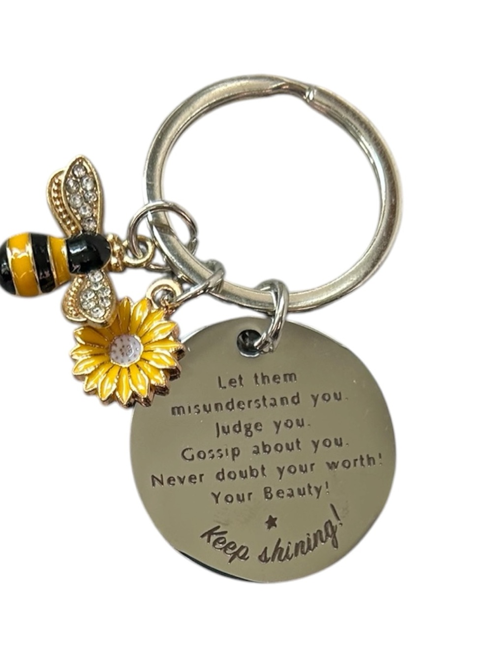 New Bee & Sunflower Keychain with Inspirational Tag